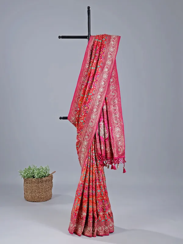 Red silk wedding wear saree with colorful motif