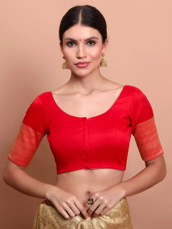 Red silk zari embellished round neck ready made blouse