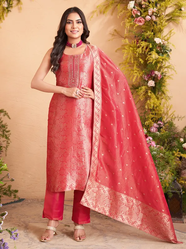 Red silk zari weaving salwar suit with dupatta