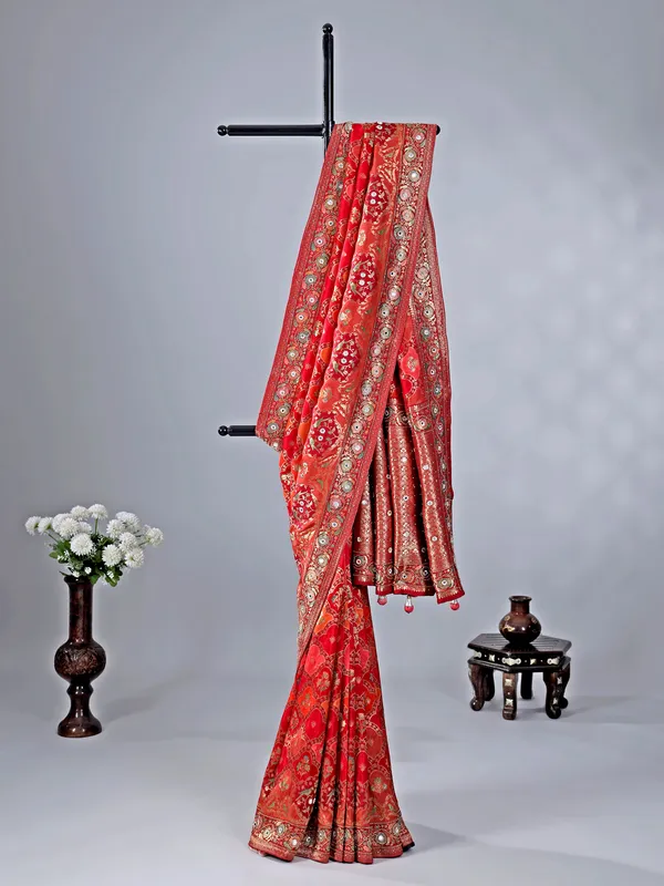 Red silk zari weaving saree for wedding look