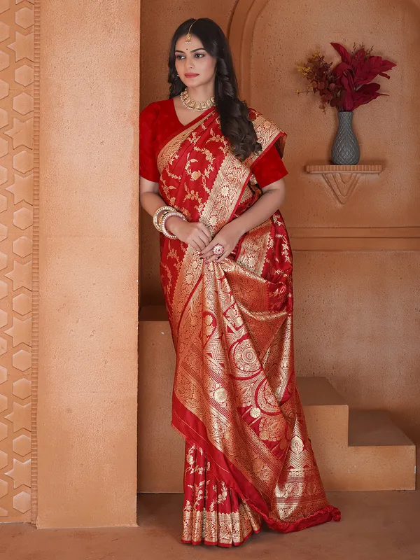 Red silk zari work saree