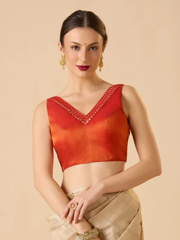 Red tissue silk solid sleeveless ready made blouse