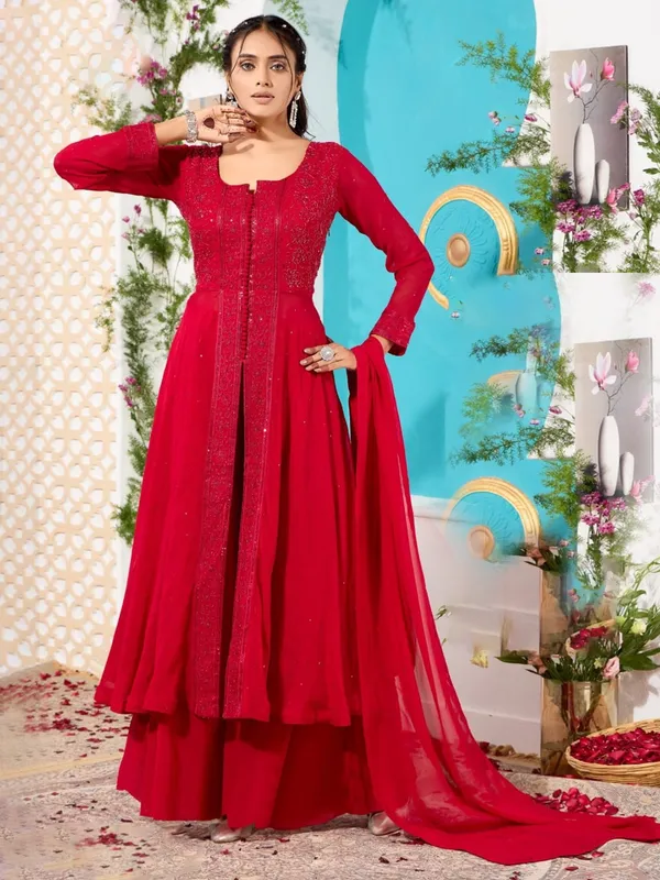 Red wedding style palazzo suit in georgette