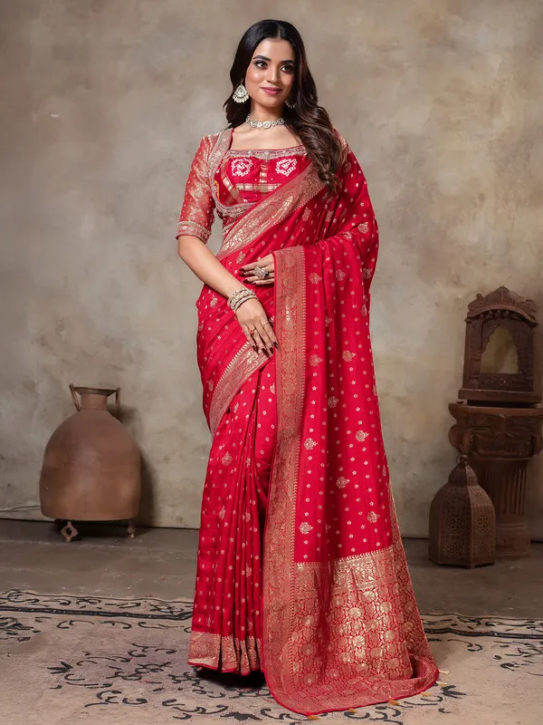 Red wedding wear dola silk saree for women