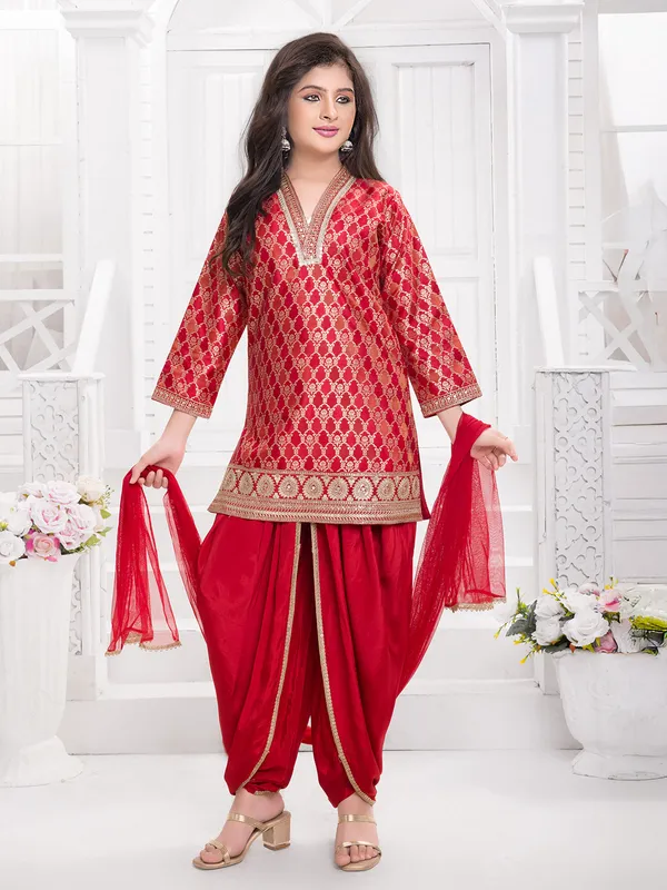 Red zari worked dhoti suit for girls