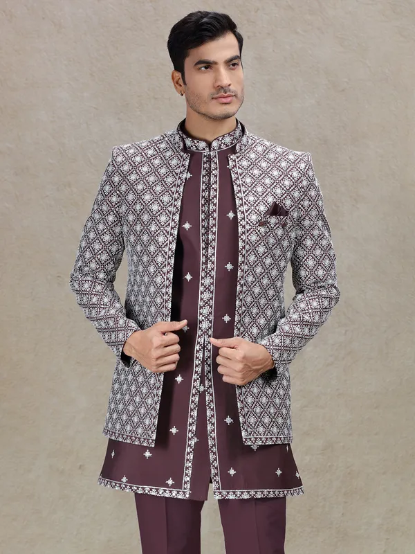 Refined brown wine indowestern with resham