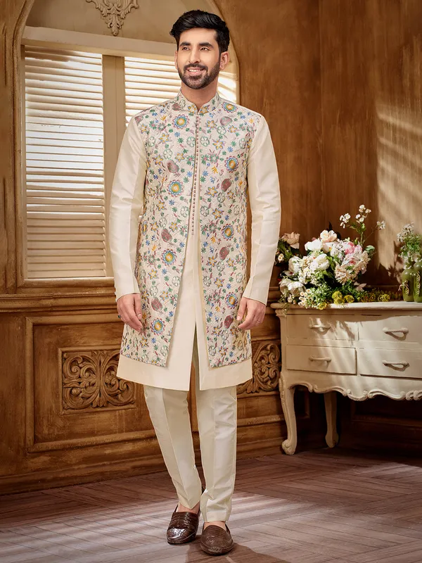 Refined cream raw silk indowestern jacket for men