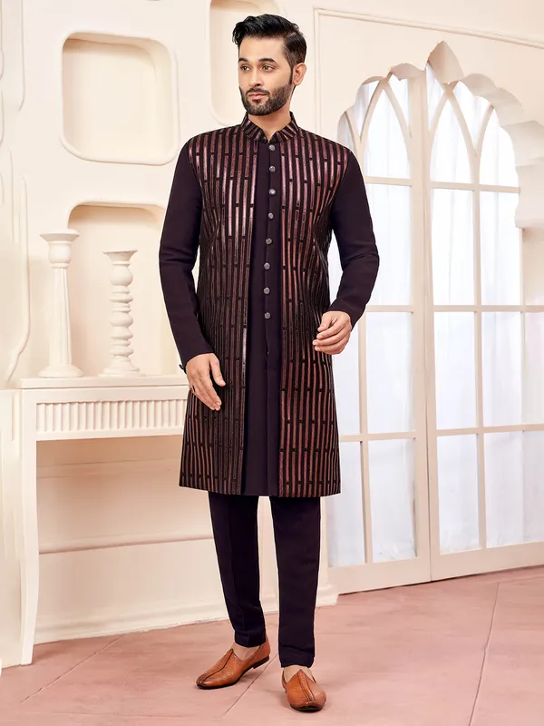 Refined dark wine indowestern with resham stripes