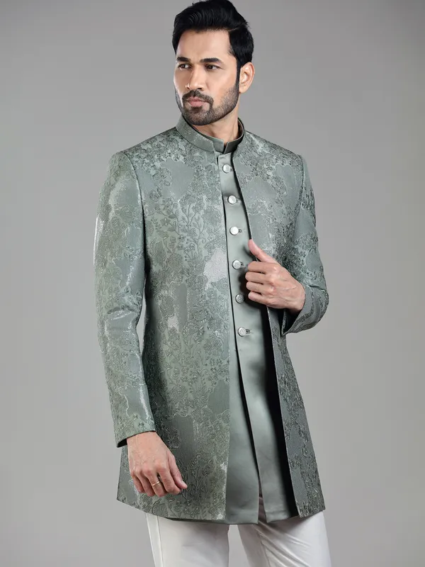 Refined pastel green silk jacket style indowestern for ethnic occasions