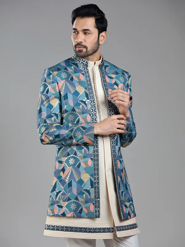 Regal blue silk jacket style indowestern with zari work