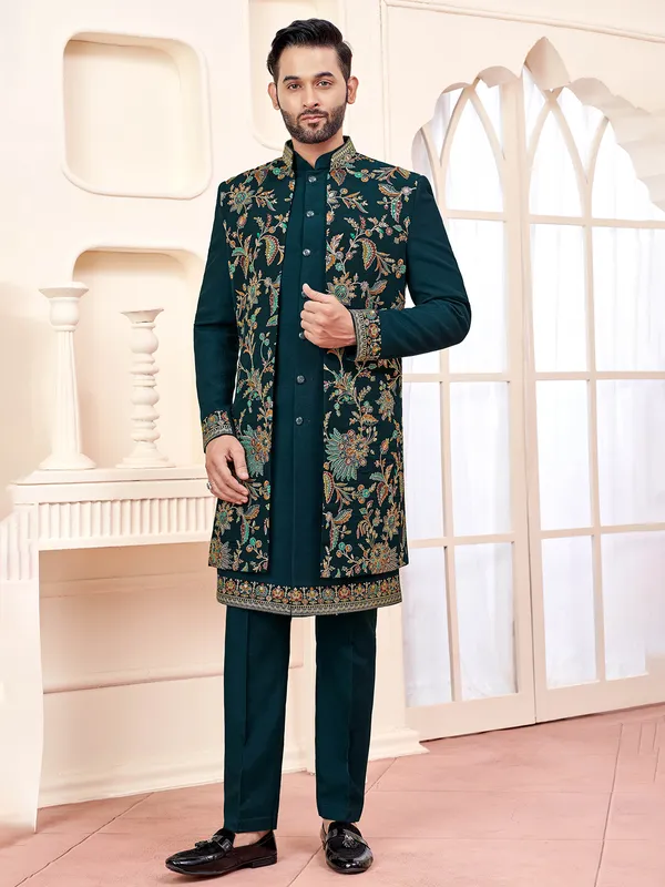 Regal forest green indowestern for wedding opulence