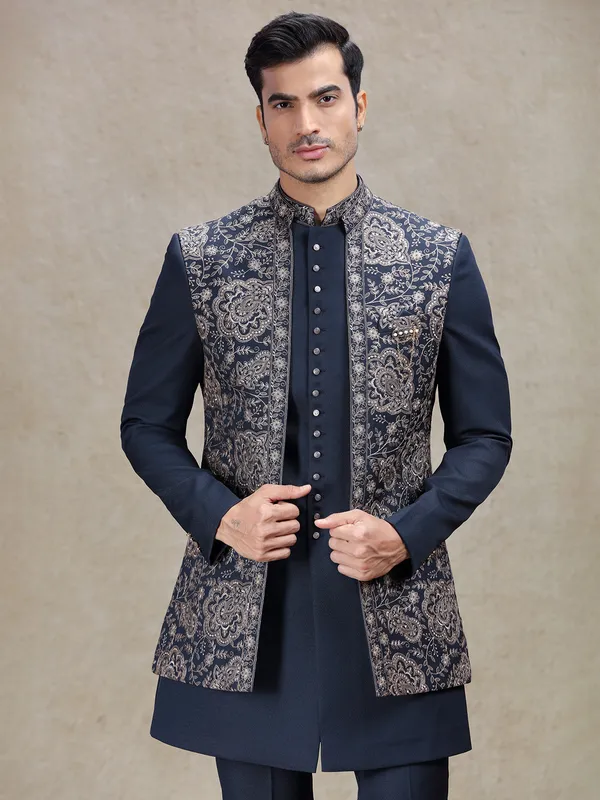 Regal navy indowestern for weddings and receptions