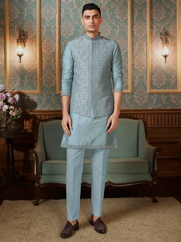 Remarkable sky blue raw silk kurta jacket set