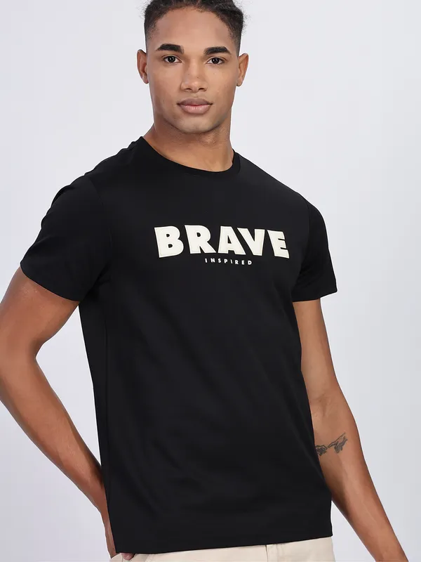 REX STRAUT black logo printed half sleeve t-shirt