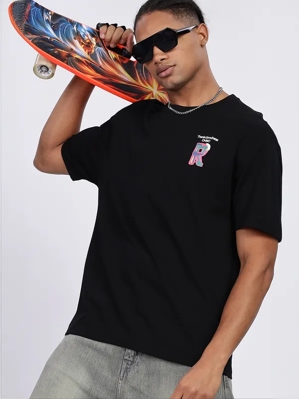 REX STRAUT black oversized round neck t-shirt for men