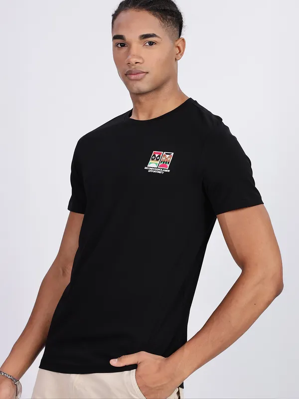 REX STRAUT black printed round neck t-shirt