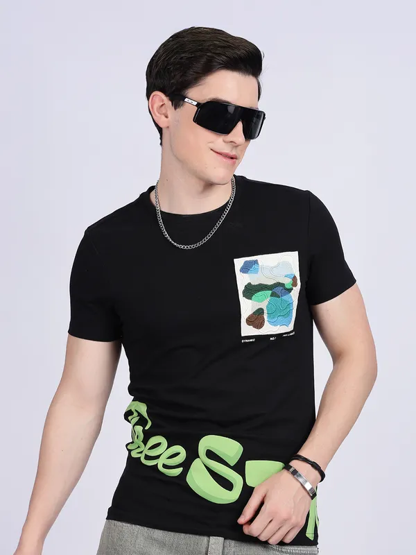 REX STRAUT black printed slim fitt-shirt