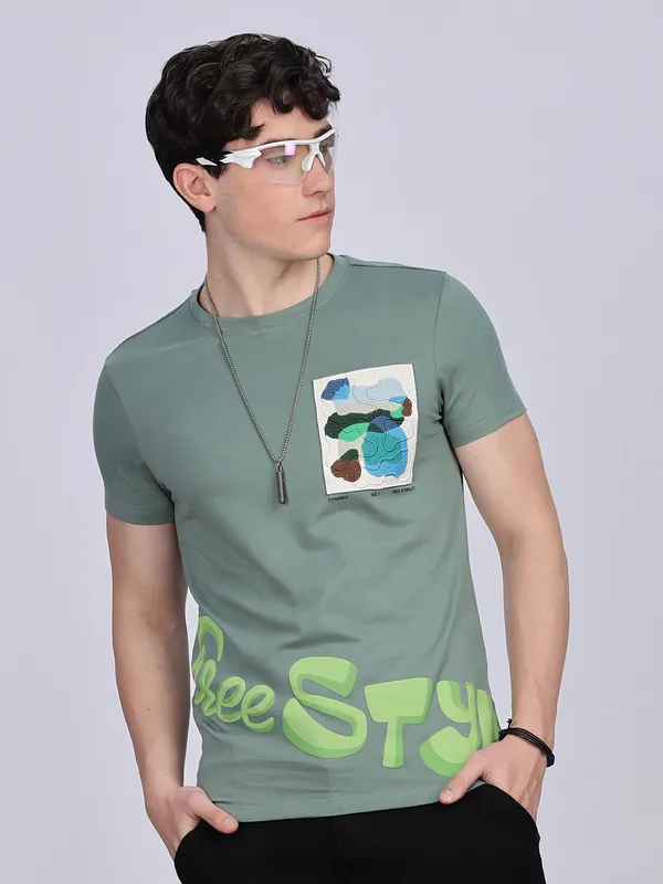 REX STRAUT bottle green printed slim fitt-shirt