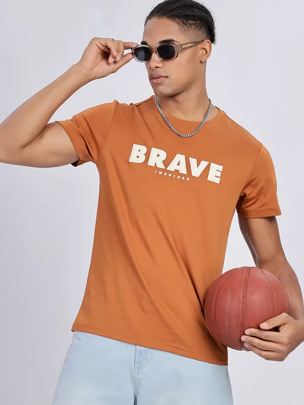 REX STRAUT orange logo printed half sleeve t-shirt