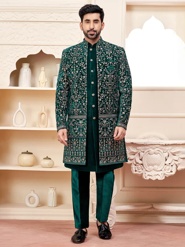 Rich dark green indowestern for wedding grandeur
