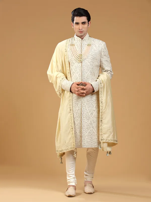 Rich raw silk sherwani in cream