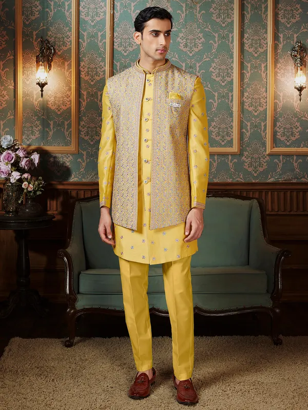Rich yellow raw silk Indowestern with zari embellishment