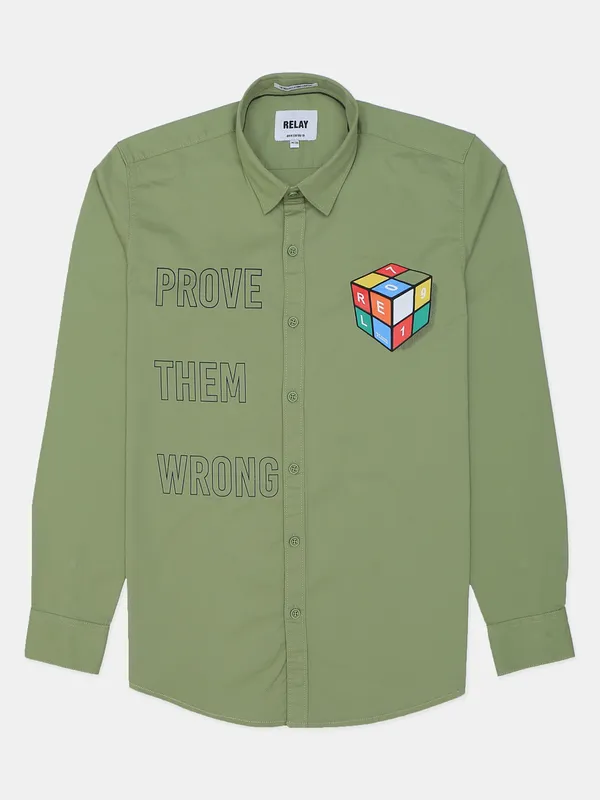Relay printed olive elegant cotton shirt