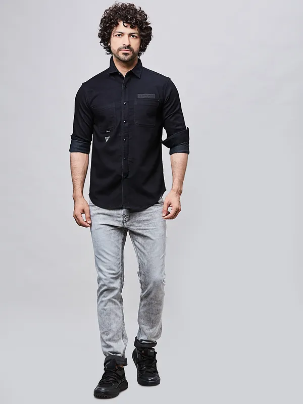 RIVER BLUE black casual men shirt in denim