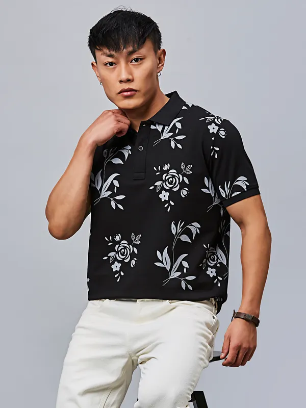 RIVER BLUE black printed cotton t-shirt for men