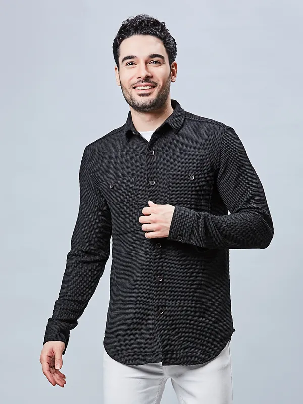 RIVER BLUE black textured slim fit casual shirt