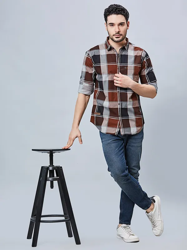 RIVER BLUE brown casaul cotton shirt for men