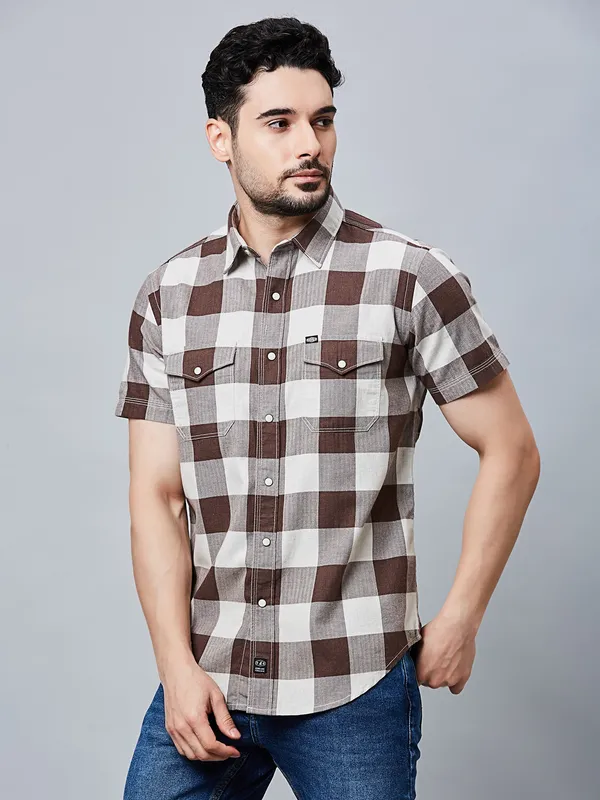 River Blue brown checks half sleeve shirt