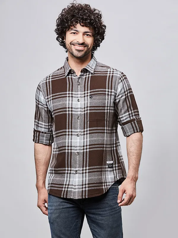 RIVER BLUE checked brown cotton shirt for men