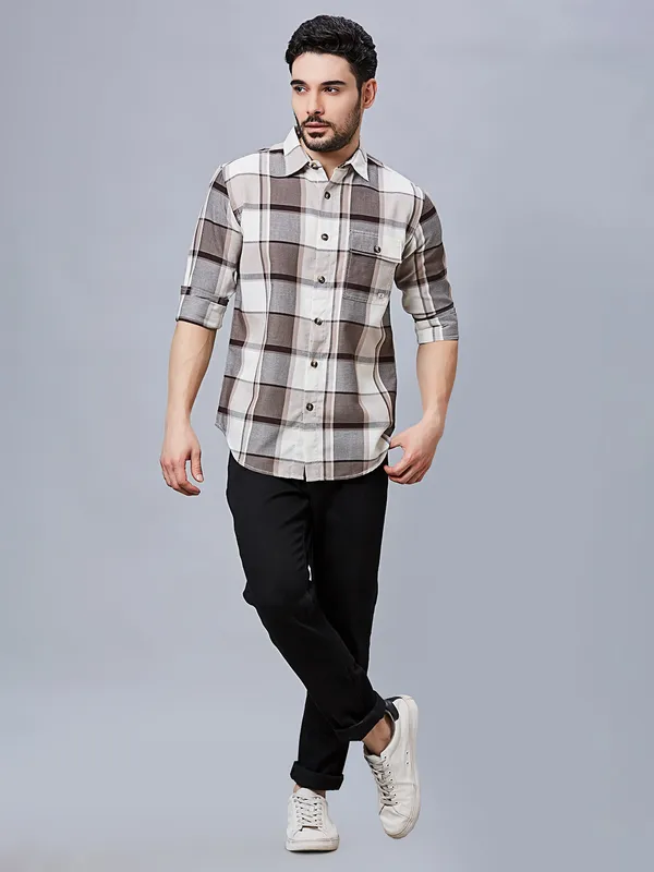 RIVER BLUE checkered coffee full sleeve cotton shirt