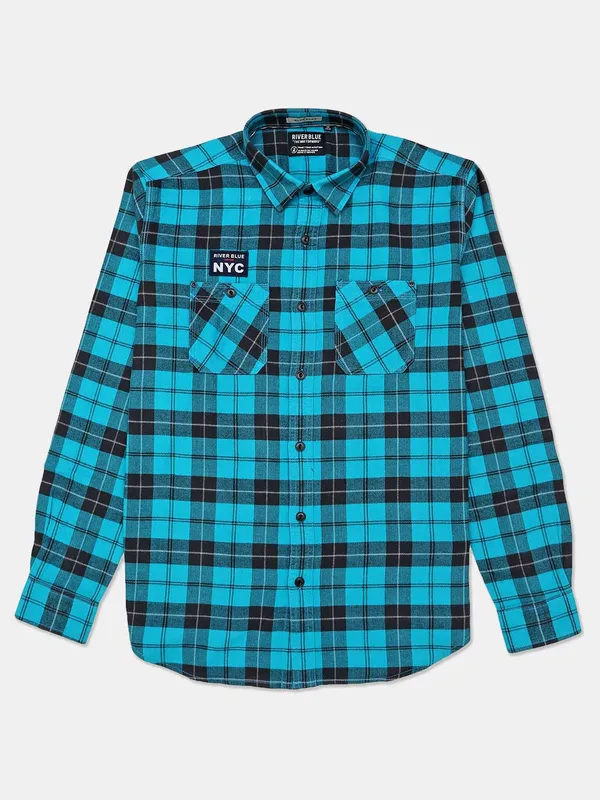 River Blue checks teal blue cotton shirt