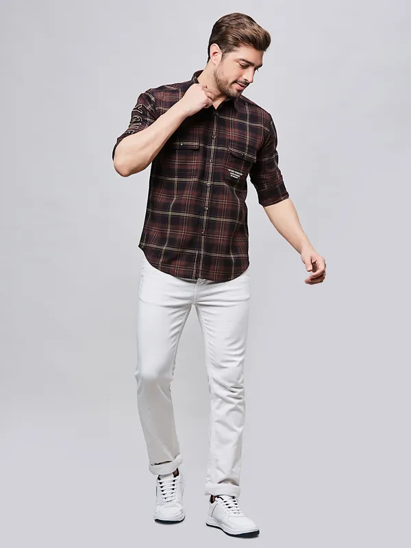 RIVER BLUE coffee check cotton men shirt