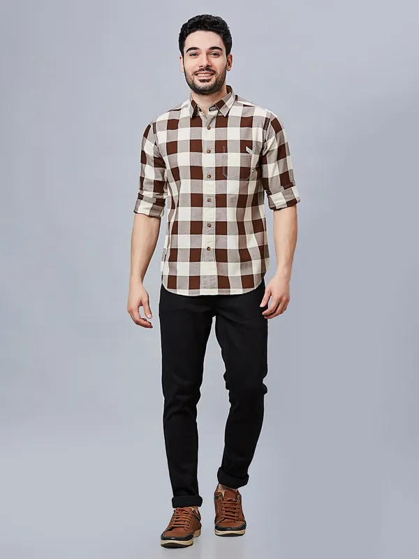 RIVER BLUE coffee checkered casual shirt