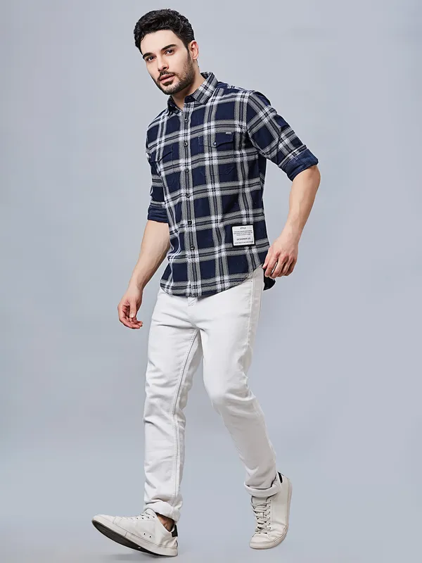 RIVER BLUE cotton blue shirt in check pattern