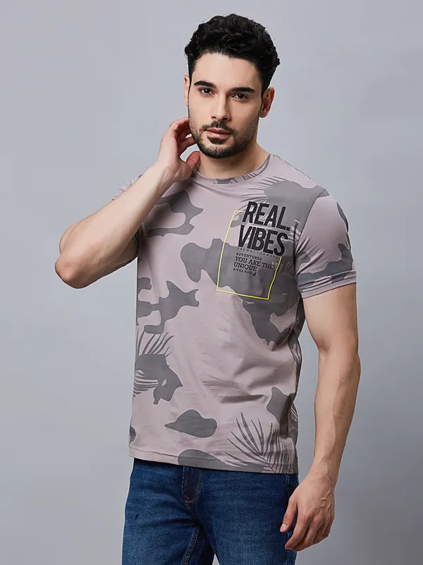 RIVER BLUE cotton grey printed half sleeve t-shirt