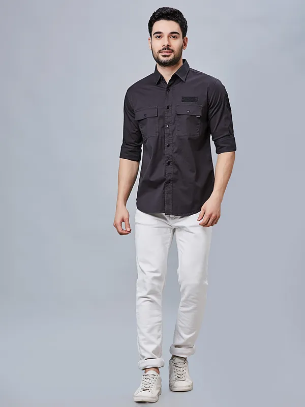 RIVER BLUE cotton plain charcoal shirt for men