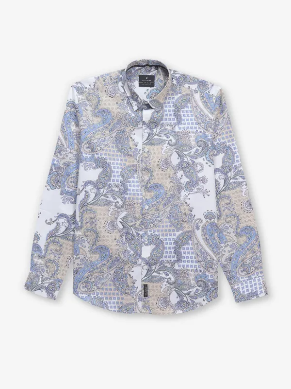 RIVER BLUE cotton silk printed white shirt