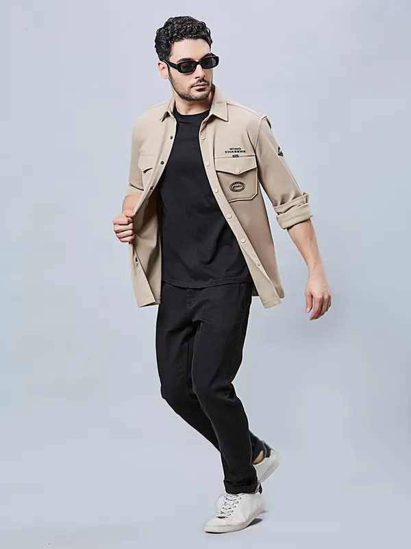RIVER BLUE denim beige slim fit shirt
