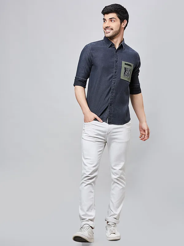 RIVER BLUE denim dark grey plain shirt for men