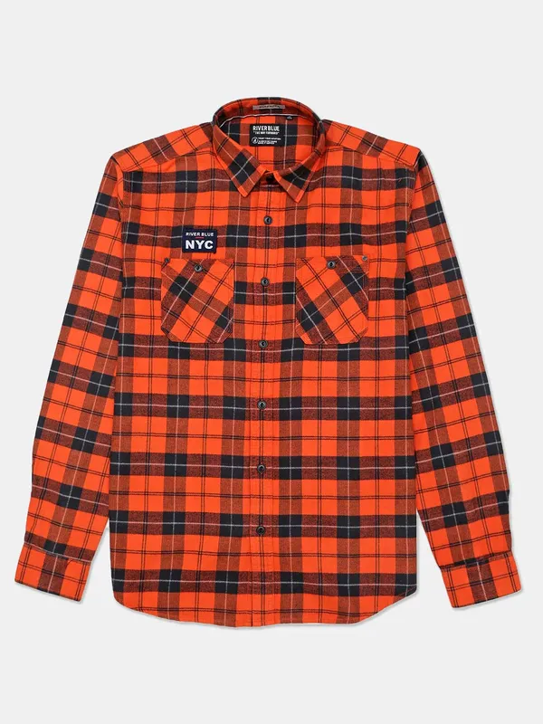 River Blue full sleeves orange checks shirt