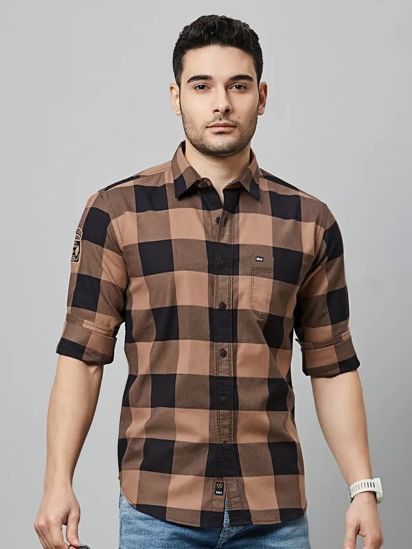 River Blue khaki checks full sleeve shirt