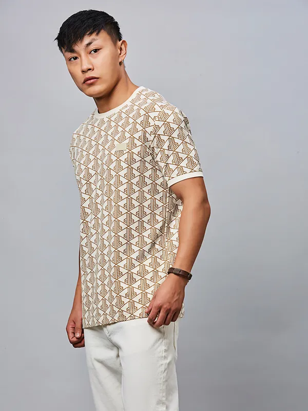 RIVER BLUE khaki printed slim fit mens cotton t-shirt