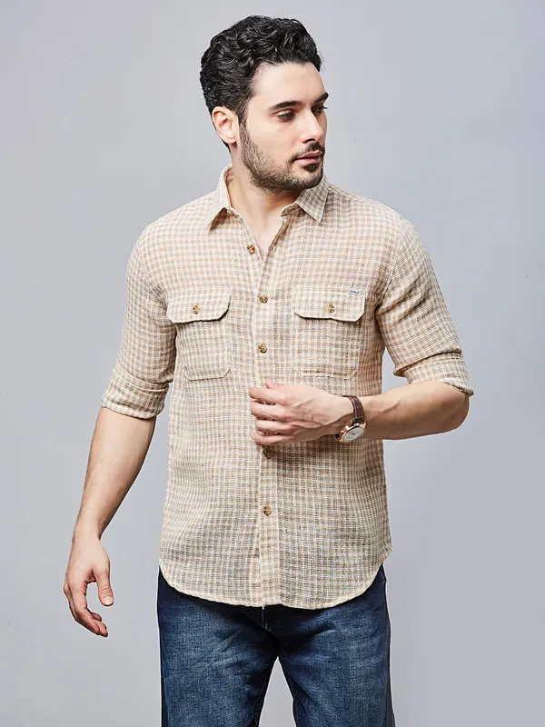 RIVER BLUE knitted checkered beige casual wear shirt