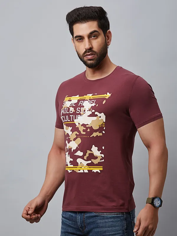 River Blue maroon cotton printed t shirt