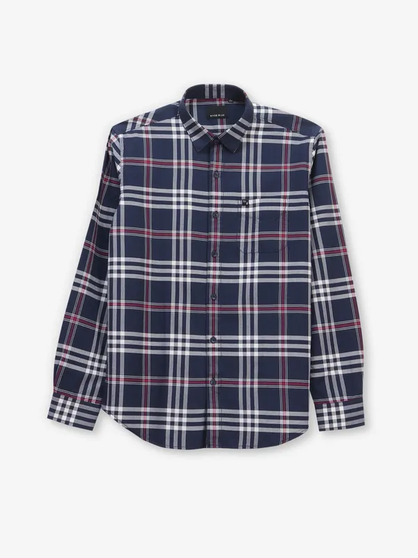 RIVER BLUE navy checks cotton slim fit shirt