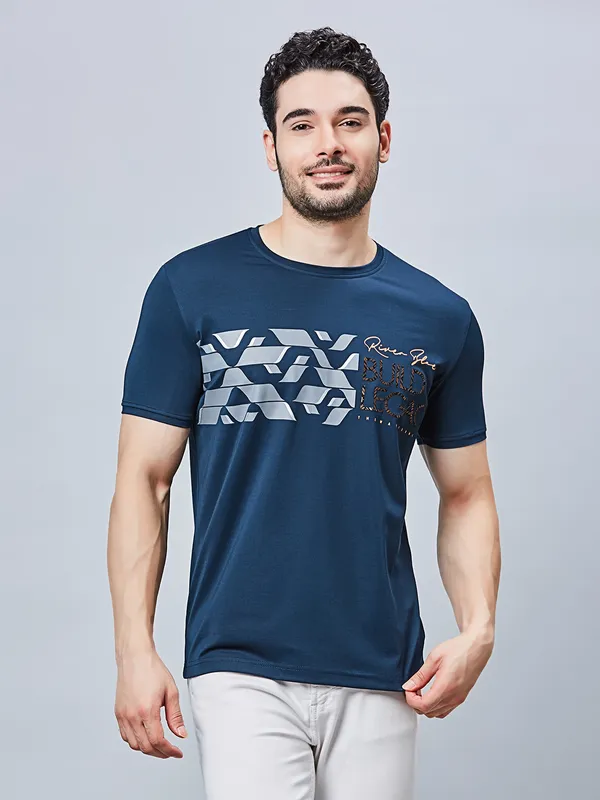 RIVER BLUE navy colour printed cotton slim fit t-shirt